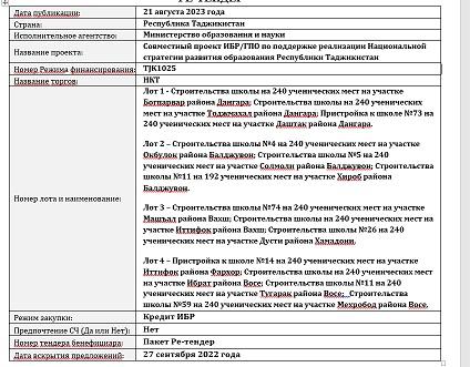 ПУБЛИКАЦИЯ КОНТРАКТОВ НА РАБОТЫ В РАМКАХ ПАКЕТА                  РЕ-ТЕНДЕР